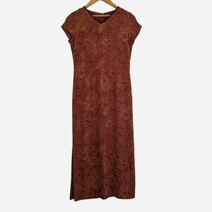 Vintage Harold's 100% Silk Paisley Maxi Dress Rust Gold Cap Sleeve Size 6